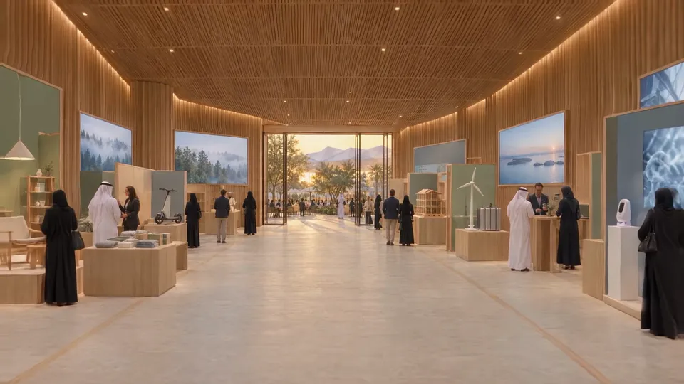An exhibition space with product displays on timber plinths and visitors in conversation.