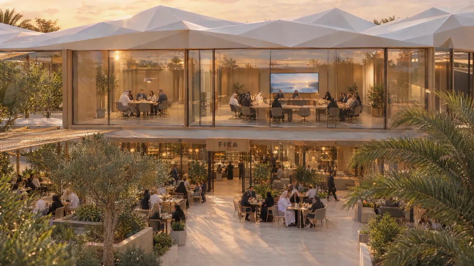 The shared Nordic courtyard at golden hour: café tables under a FIKA sign, with a glazed meeting room on the level above.