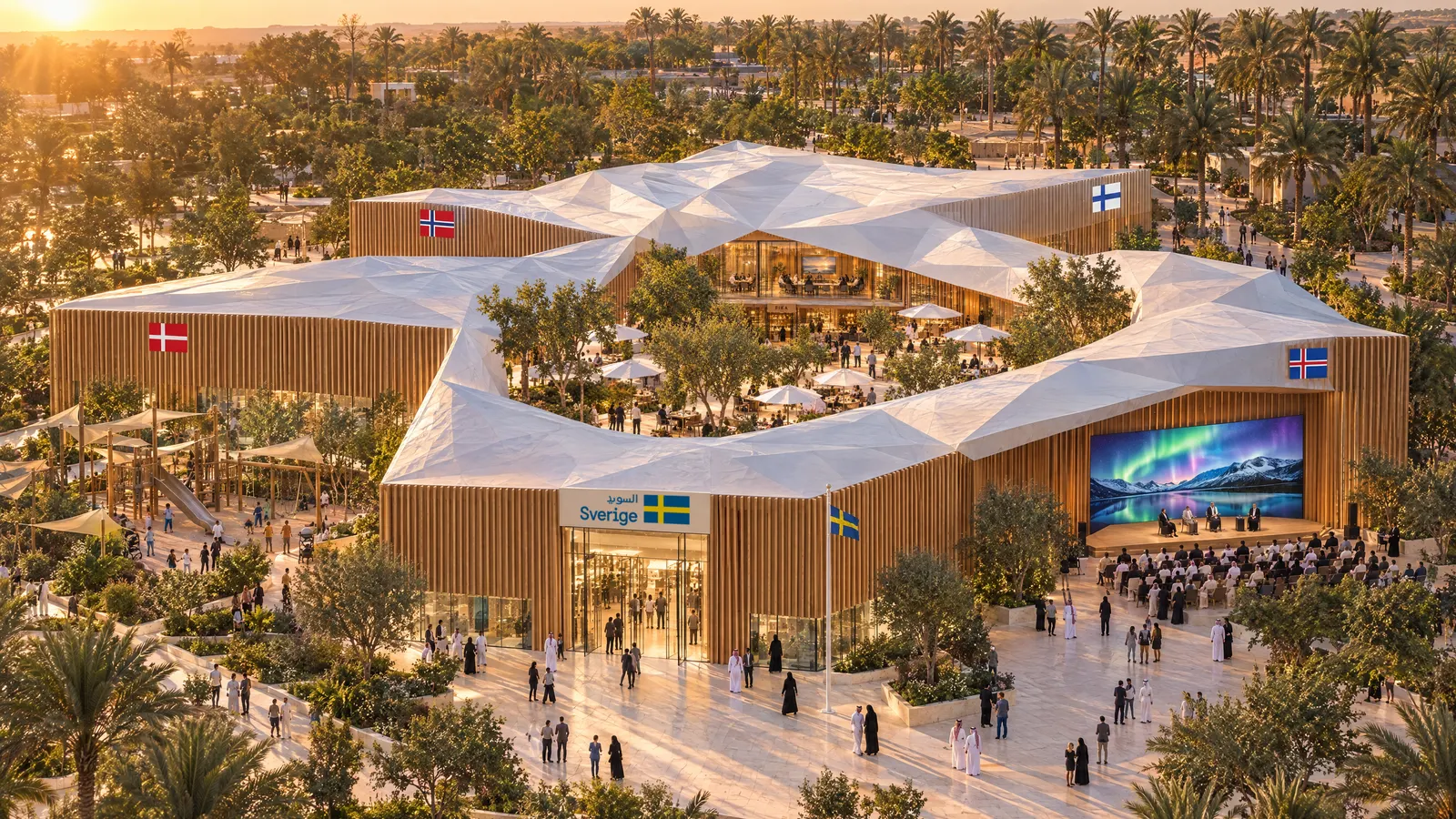 Aerial view of Nordic Star in the late afternoon: a star-shaped timber pavilion under a white faceted roof, five flagged national wings around a green courtyard, the outdoor stage on the right.
