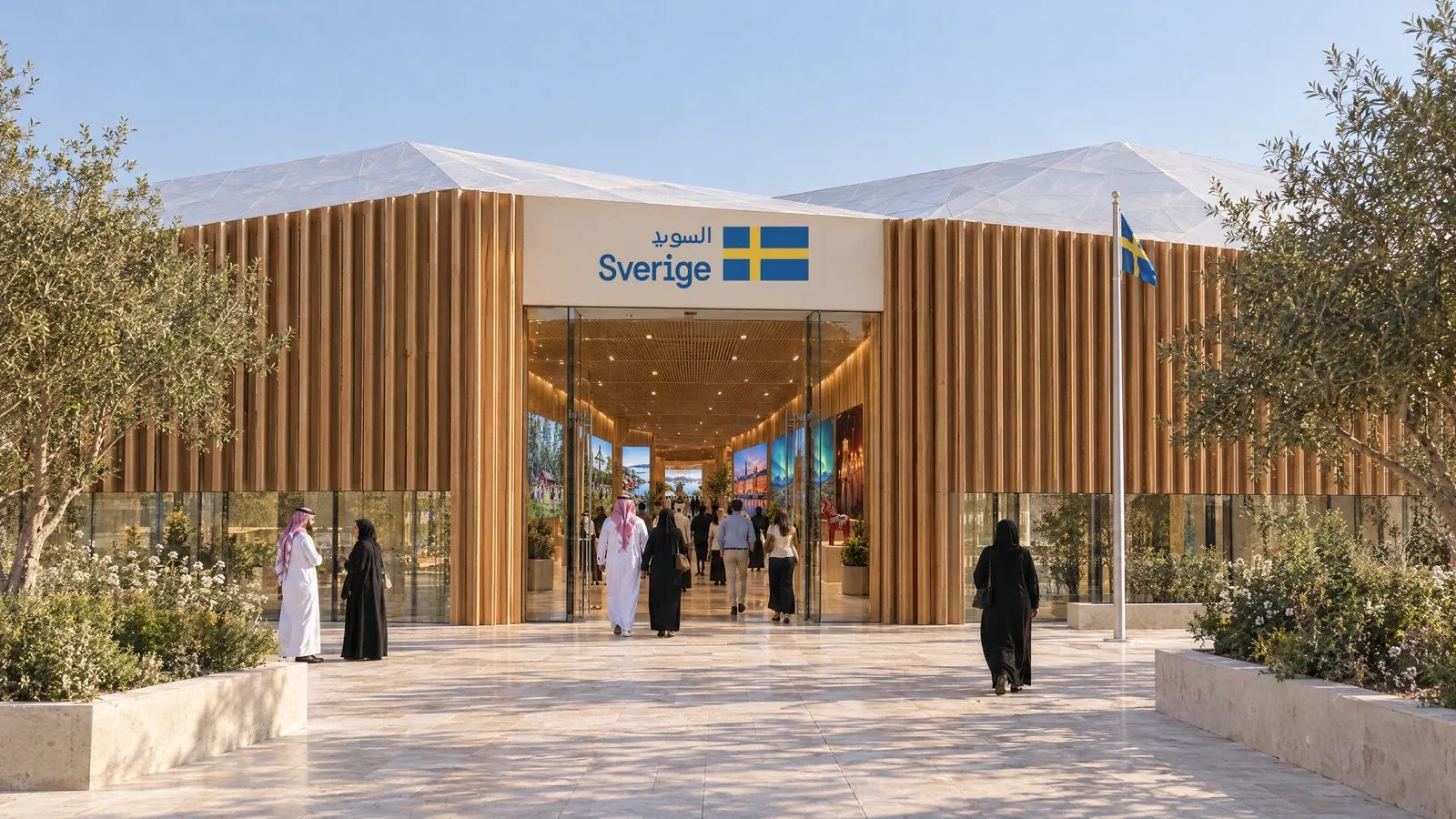 The Sweden entrance of the pavilion: a timber-slatted facade with the Sverige logotype and flag, visitors walking in.