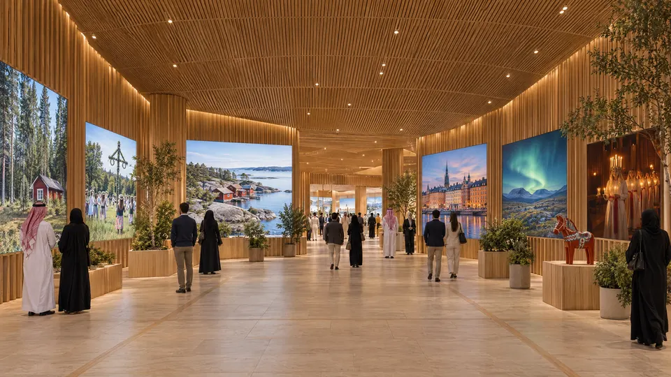 Sweden’s exhibition hall: a timber gallery lined with large screens of Swedish forests, archipelago, cities and northern lights.