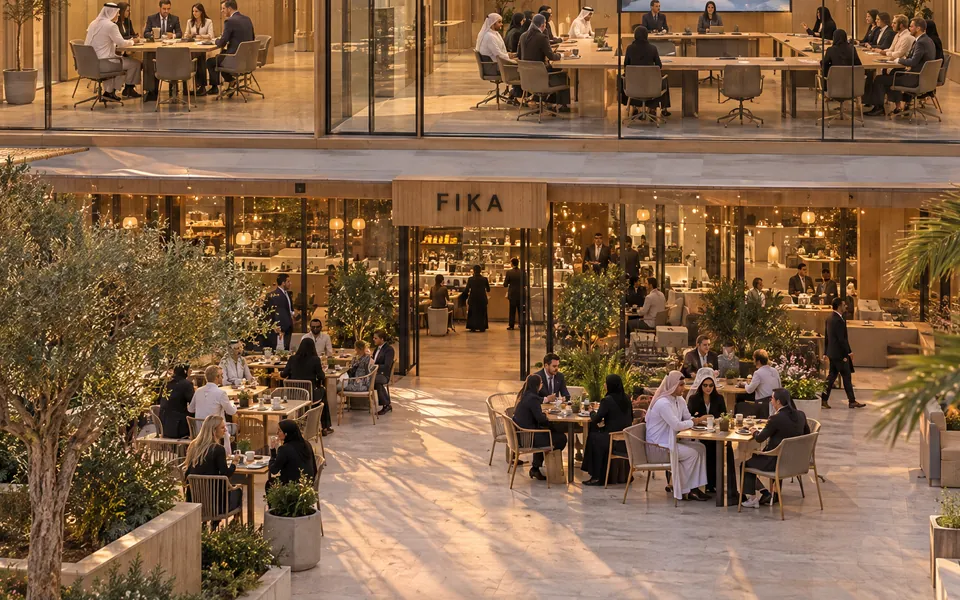 The café at golden hour: tables in the open air in front of a timber-fronted café with a FIKA sign.