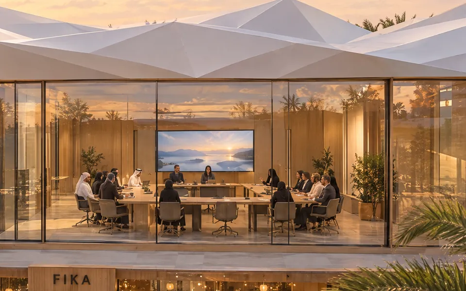 A glazed meeting room: people around long tables facing a large screen.